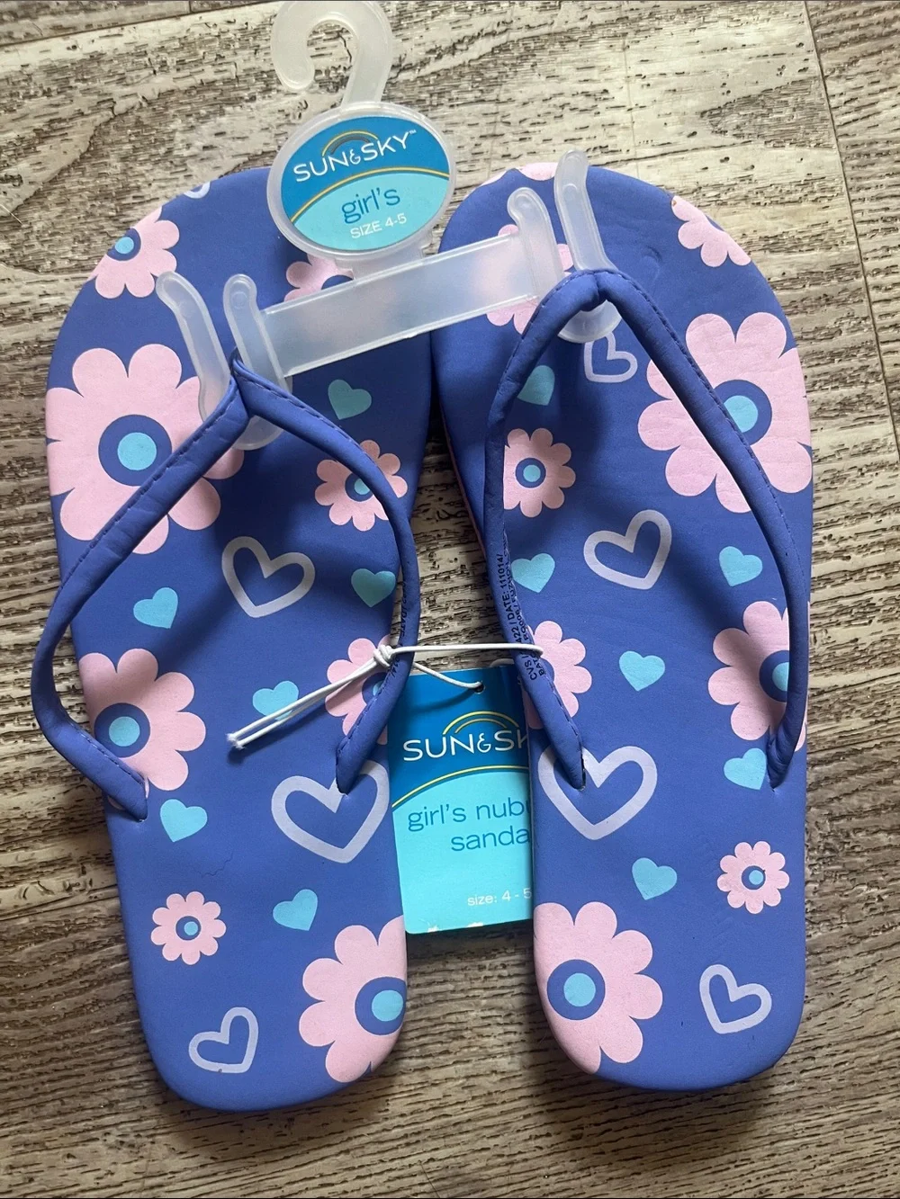 Sun & Sky Girl's Purple Floral Heart Flip Flops Size 4-5